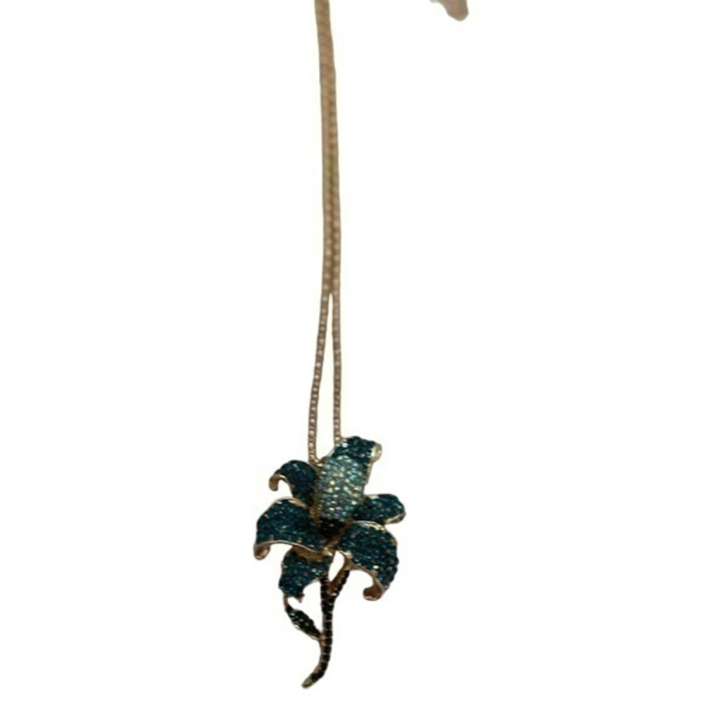 Betsey Johnson Pendant Necklace Teal Rhinestone Floral Gorgeous Rare Flower Gold